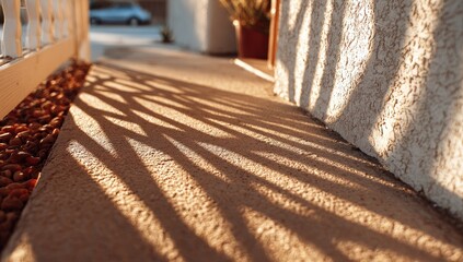Sunlit walkway with fence shadows