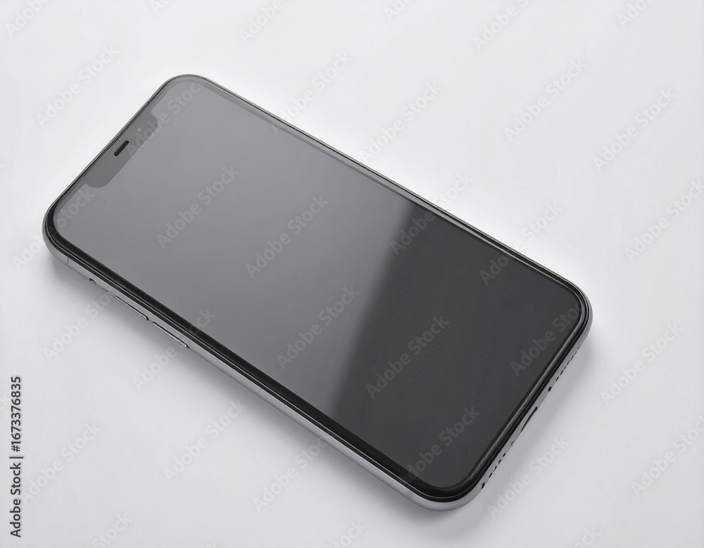 Poster sleek modern smartphone with a dark screen resting on a simple white background