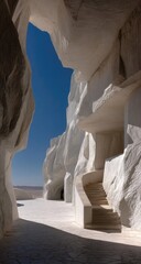 Sunlit white stone edifice, carved into cliff face, revealing a staircase and clear blue sky