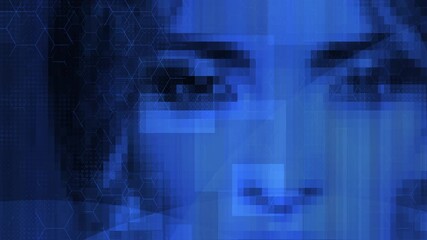 Pixelated face recognition data with digital processing for AI identity analysis - blue virtual reality woman - Powered by Adobe