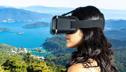 Woman Using VR Headset to Explore a 360 Degree Virtual Coastal Landscape