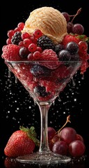 A martini glass overflowing with various berries and a scoop of ice cream, with water droplets cascading down the side against a black background