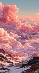 Pink cloudscape over snow-dusted mountains at sunset