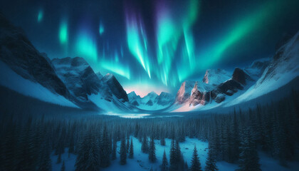 Aurora Borealis over Snowy Mountains and Forest
