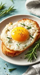 Sunny-side up egg on toasted bread, garnished with rosemary sprigs