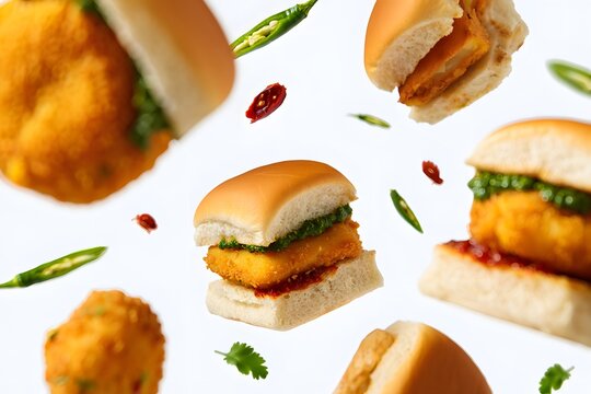 Floating bada pav floating on white background 