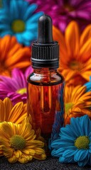 Amber bottle of essential oil nestled amongst vibrant multicolored daisies