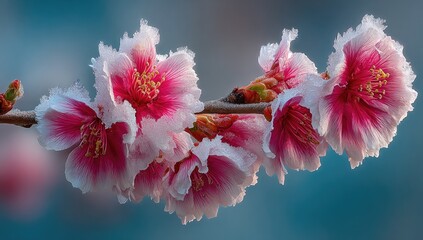 Delicate pink blossoms on a branch, soft focus background