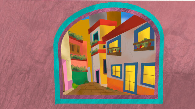 Colorful Street View through Archway Illustration