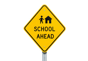 School Zone Warning Sign Yellow Diamond Shape Child and House Icon Safety Symbol on transparent background