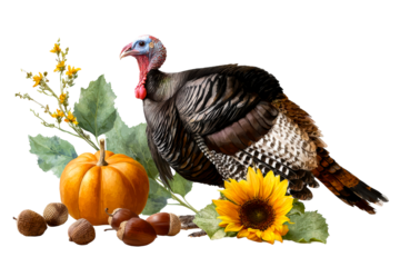 Turkey with pumpkin and acorn decor