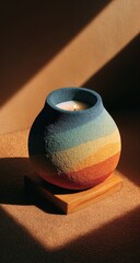 Rainbow-hued candle in textured pot on wood