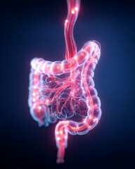 Abstract visualization of the human digestive system with glowing nerves and blood vessels against a dark blue background