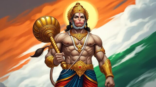Powerful Hanuman, Hindu Deity, Depicted in Digital Art Style with Indian Flag Background