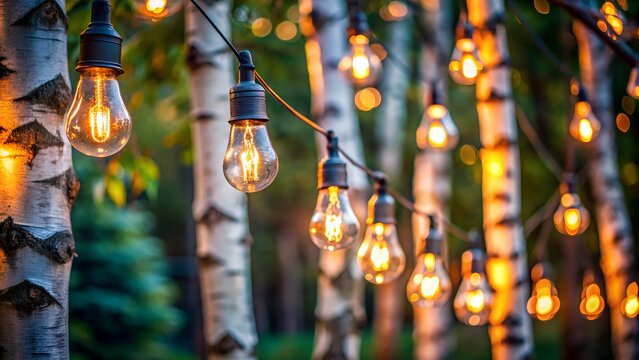 Warm Glowing String Lights Hanging Between Birch Trees in a Forest Setting - Powered by Adobe