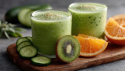 Two glasses of green smoothie, garnished with kiwi and orange slices, beside sliced cucumbers on a wooden board
