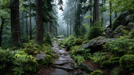Mysterious and atmospheric forest path covered in moss and rocks, with tall trees and a misty, overcast sky