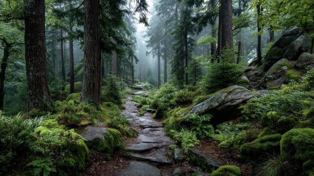 Mysterious and atmospheric forest path covered in moss and rocks, with tall trees and a misty, overcast sky