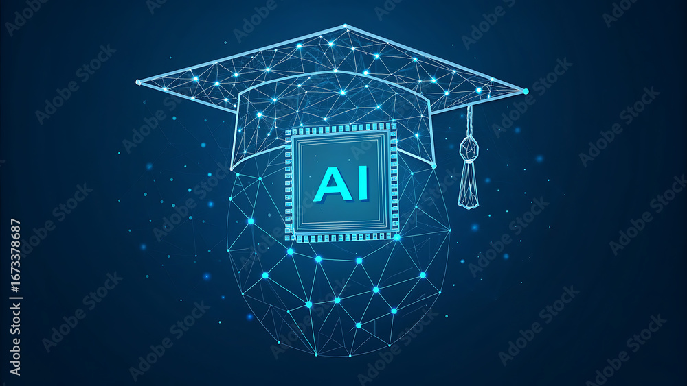 Poster ai graduation cap with microchip and network connections artificial intelligence mortarboard