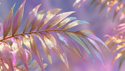 Iridescent palm frond against a pastel sky