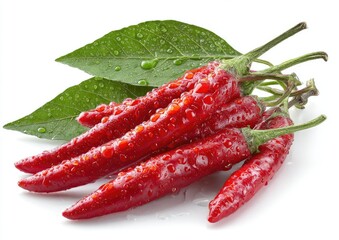 Red chili peppers with wet leaves