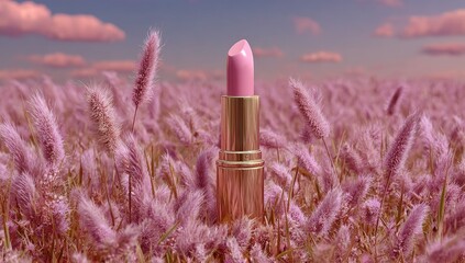 Pink lipstick standing upright in a field of pink grass under a pastel sky