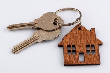 House keys and a wooden house keychain on a white surface