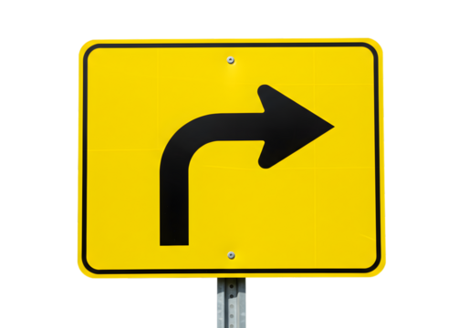 Curve Ahead Sharp Right Turn Warning Sign on transparent background