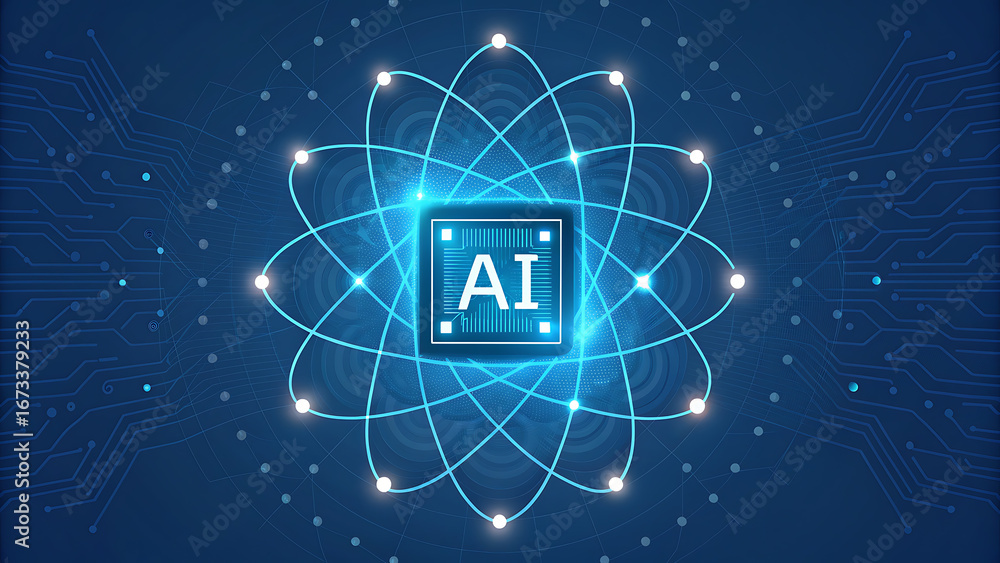 Poster ai atom symbol with circuit board and glowing lights artificial intelligence science