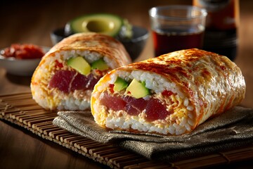 a fusion sushi burrito filled with spicy tuna, avocado, and cucumber, cylindrical burrito design, styled on bamboo mat with rustic napkin props, vibrant toppings under soft natural light