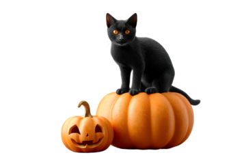 Black cat sitting on pumpkin for Halloween