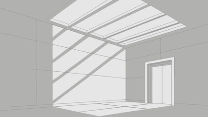 Obraz premium Modern minimalist interior design sketch with skylight and elevator.