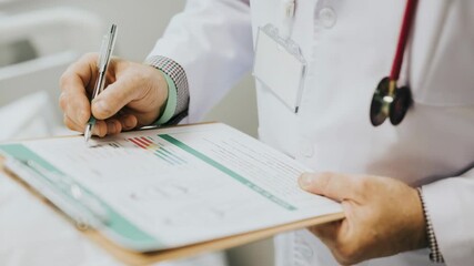Close-up video angle of a doctor writing on a clipboard, capturing the professionalism and focus in a medical setting. Soft, natural lighting.