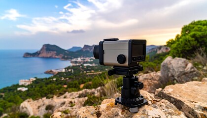 Camera on a tripod overlooking a coastal town