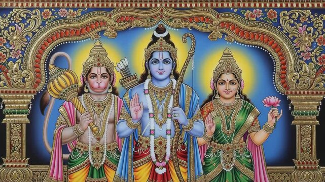 Vibrant Traditional Indian Painting of Lord Rama, Sita, and Hanuman Hindu Deity Art, Religious Art, Spiritual Artwork, South Asian Culture, Devotional Image, God, Goddess, Monkey