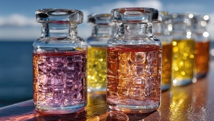 Small glass bottles, various colors, filled with liquids,  arranged in a row, outdoors, sunlight