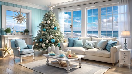 Coastal Christmas Living Room with Ocean View and Decorated Tree in Beach House