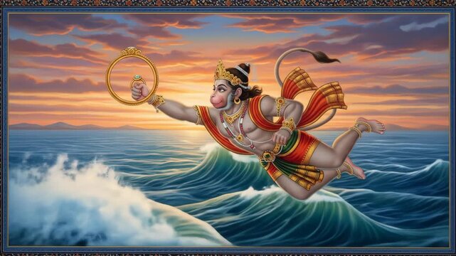 Hanuman Soaring Across the Ocean, Carrying Lord Rama s Ring - Digital Indian Miniature Art Style