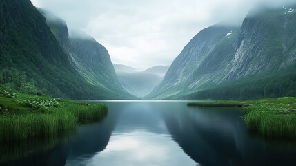 Serene mountain lake landscape with lush greenery and misty atmosphere