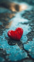 Fototapeta premium Red heart decoration on cracked blue surface after rain conveys a sense of love and emotion in an urban setting