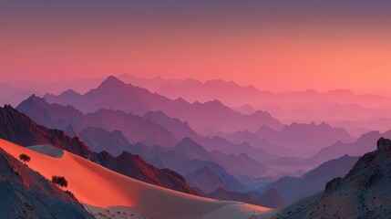 Serene desert mountain range at sunset with vibrant pink and orange hues painting the sky and landscape