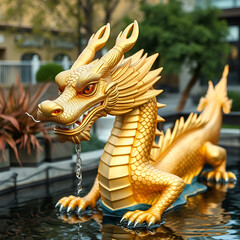 Fototapeta premium golden dragon statue spouting water with detailed scales and fierce expression in outdoor setting