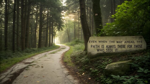 Misty Forest Path with Inspirational Quote on a Stone.