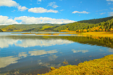 Golden forests surround serene alpine lakes, reflecting clouds Pudacuo National Park, Yunnan, China, Shangri-La, lake
