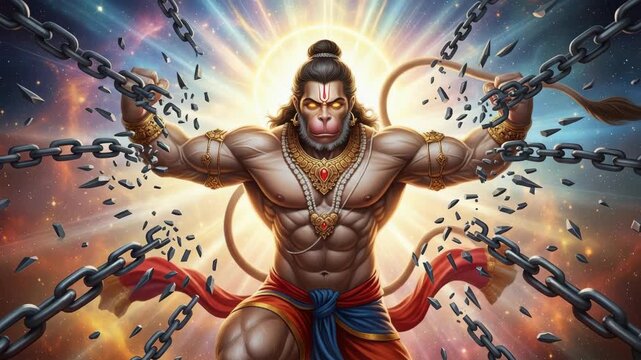 Powerful Digital Illustration of Hanuman Breaking Chains Strength, Divinity, and Freedom in Vibrant Cosmic Setting - Ideal for Religious, Spiritual, and Mythology-Themed Projects
