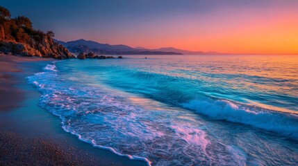 Beautiful serene beach at sunset with colorful sky and gentle waves lapping on the shore