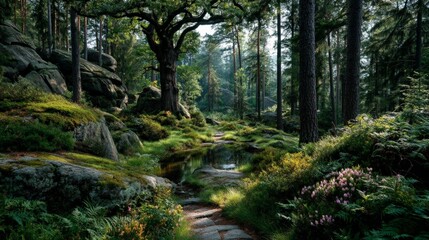 Enchanting forest path bathed in sunlight with lush green moss and ancient trees