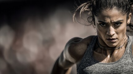 Intense closeup of a female athlete running, focused and determined with muscles defined and sweat visible