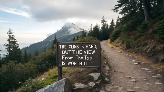 Motivational sign on a mountain hiking trail with a cloudy peak.