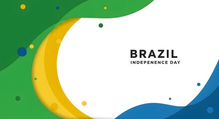 Minimalist abstract Brazil Independence Day, Brazilian flag colors represented as flowing shapes and soft gradients, green, yellow, and blue blending harmoniously
